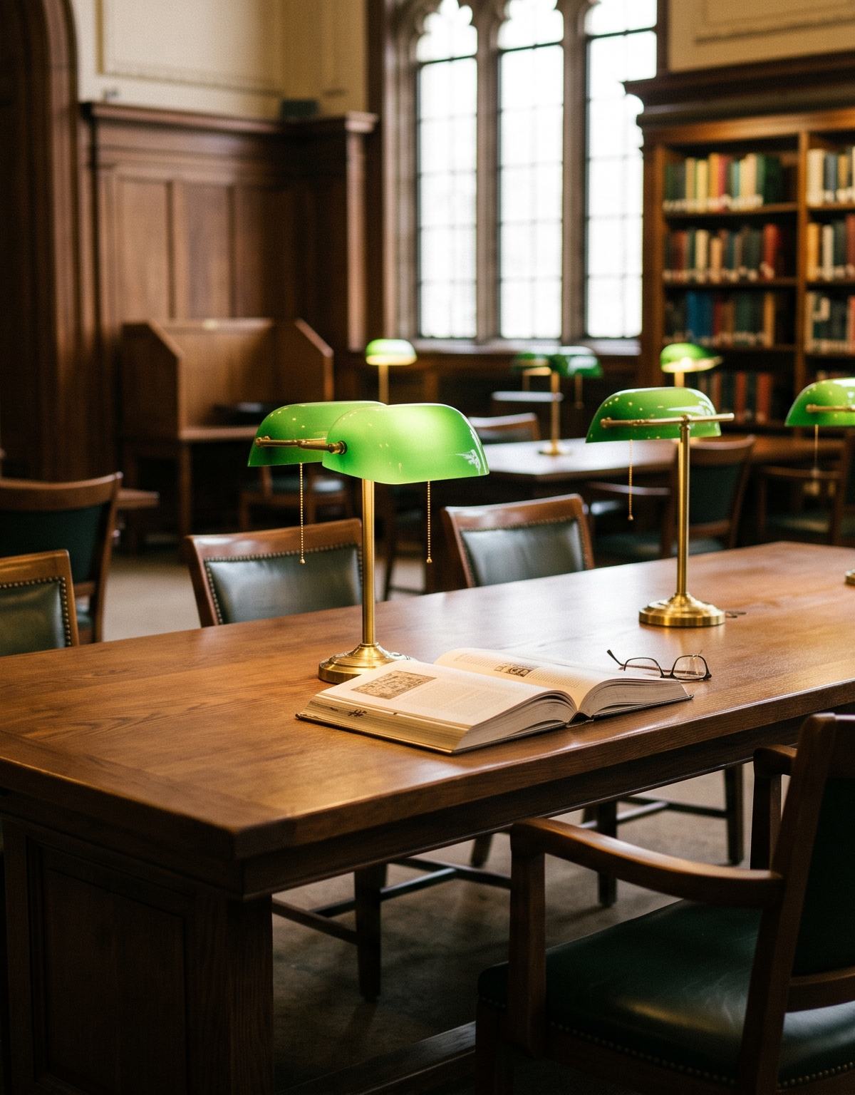 A reading room with green lamps