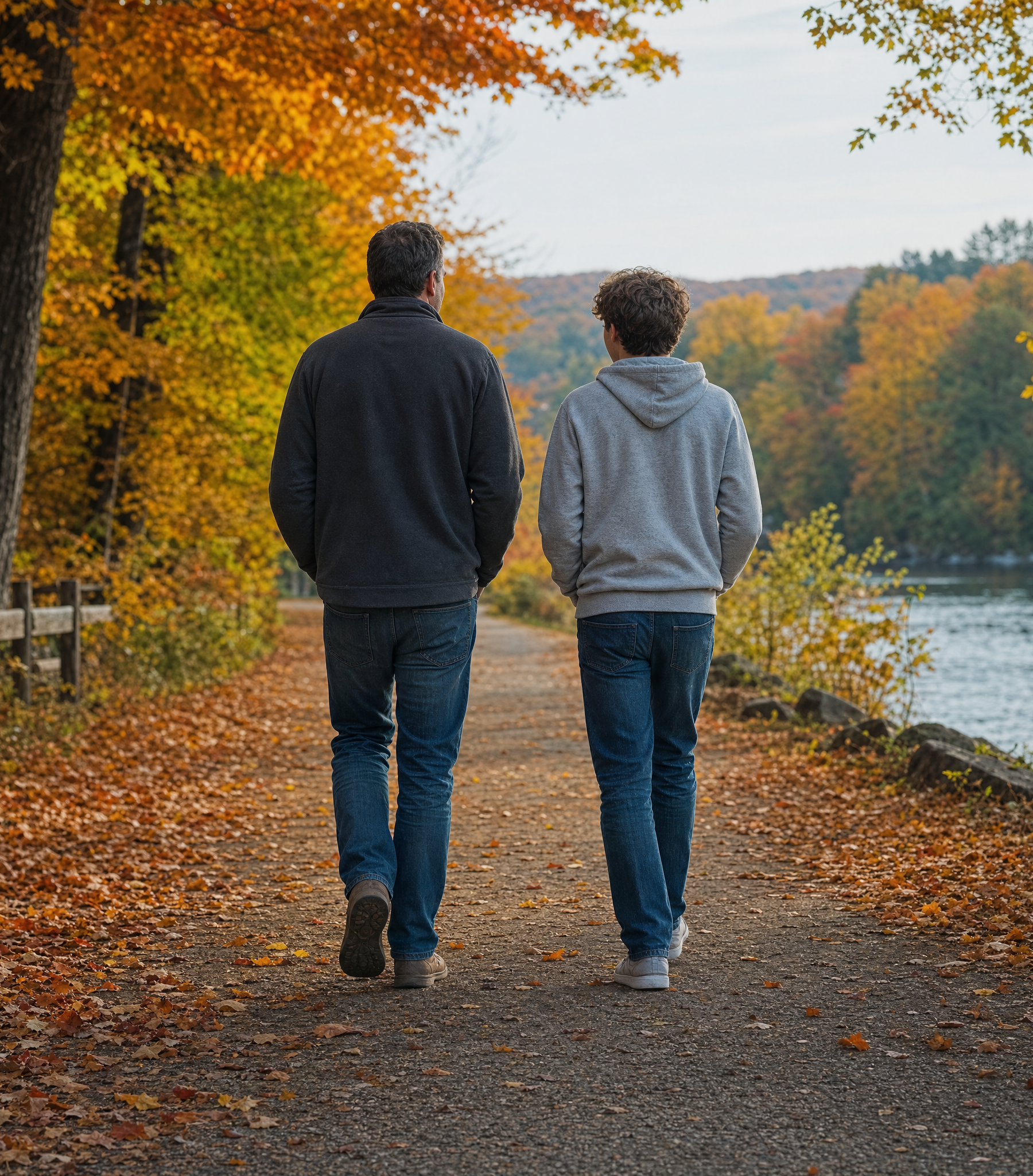 A parent and a teenager walking a campus path