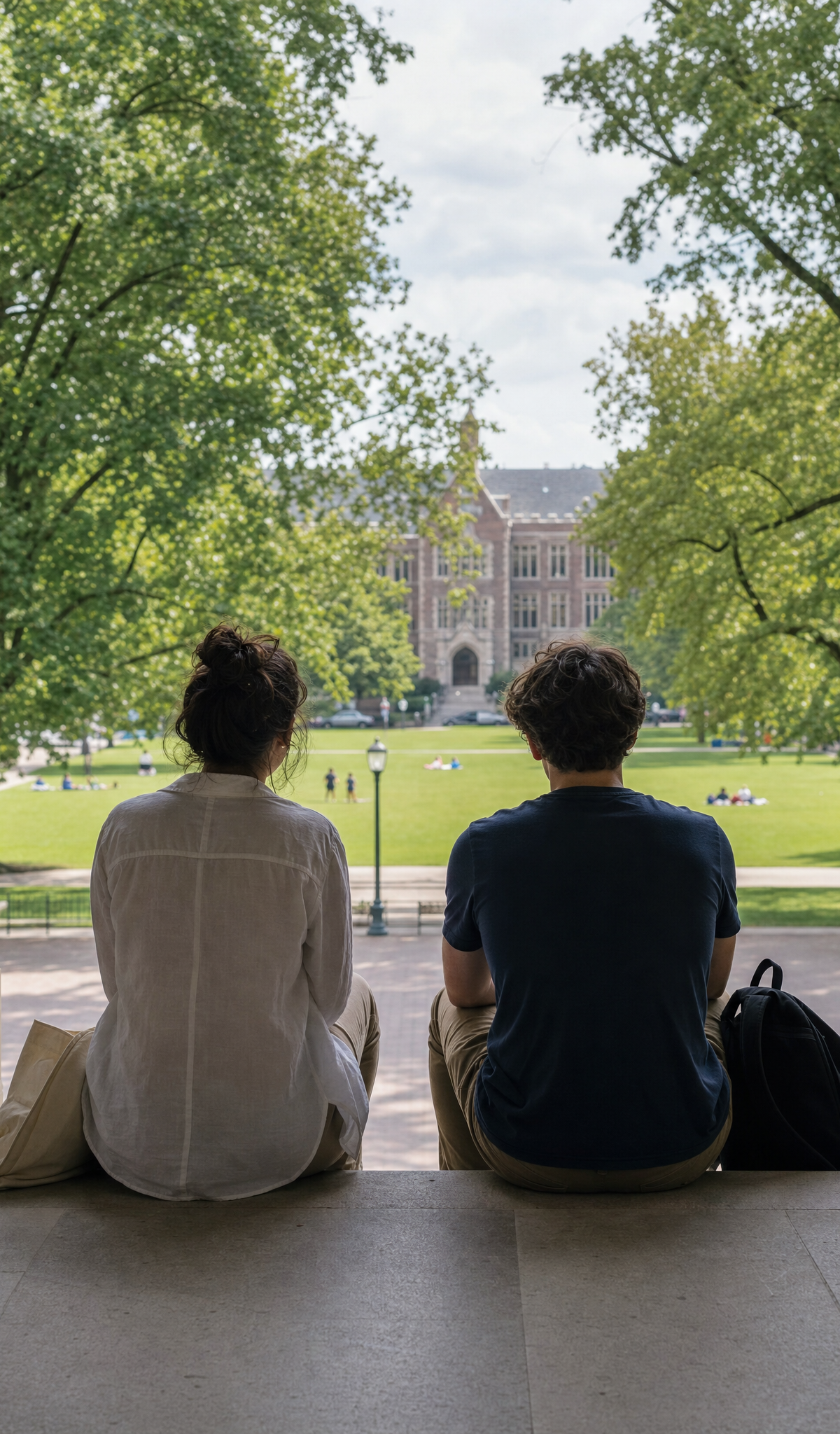 Two people seated on library steps