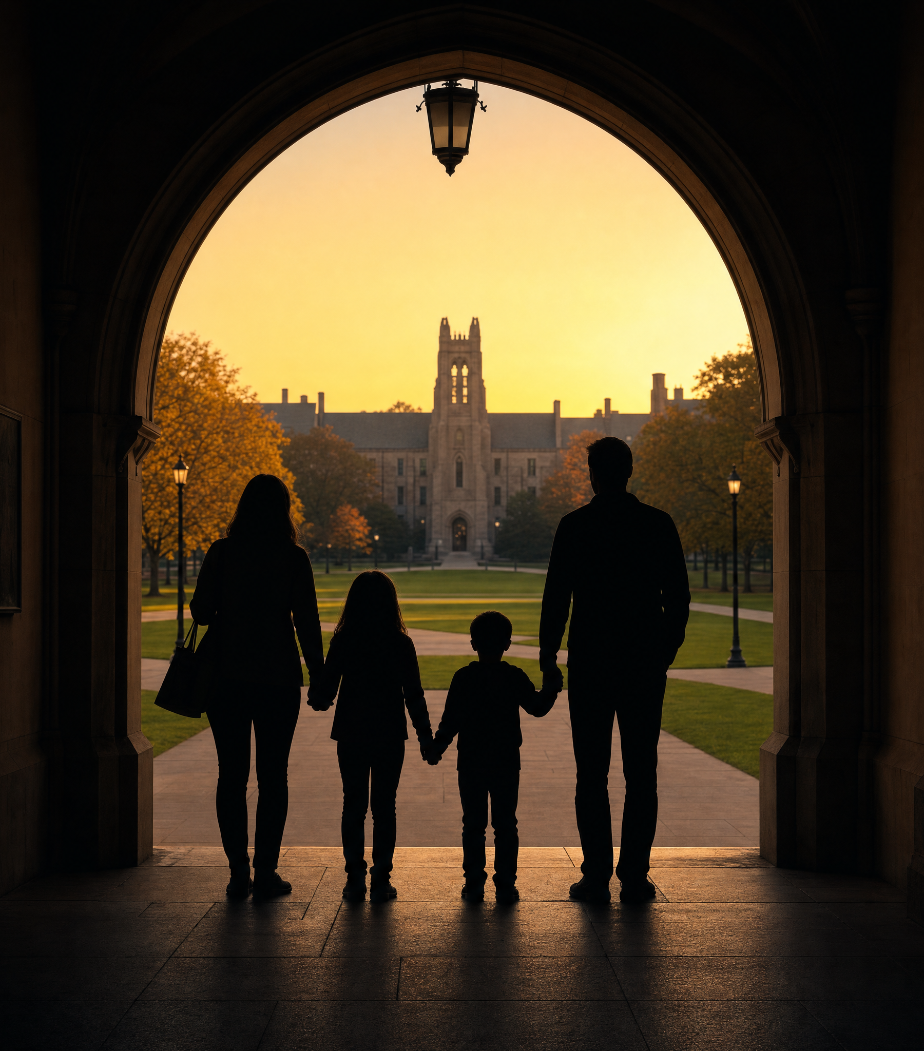 A family under a campus archway at sunset